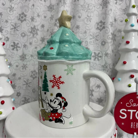 New Disney Mickey & Minnie Mouse Mug W/ Christmas Tree & Star Topper Lid 18 Oz. - Picture 3 of 10